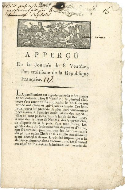 null VENDÉE. Printed: Apperçu de la Journée du 8 Ventôse, l'an troisième de la République...