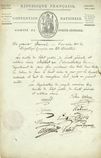 null COMMITTEE OF GENERAL SAFETY. P.S. by 10 members, 1st prairial III (May 20, 1795);...
