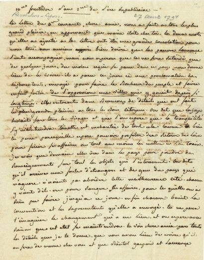 null LYON. Deux intéressantes lettres, août-décembre 1794.

 L.A. (non signée), [Lyon]...