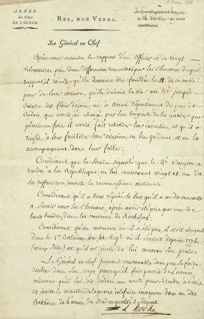null Lazare HOCHE (1768-1797) général. P.S., Q.G. d'Angers 14 ventôse IV (4 mars...