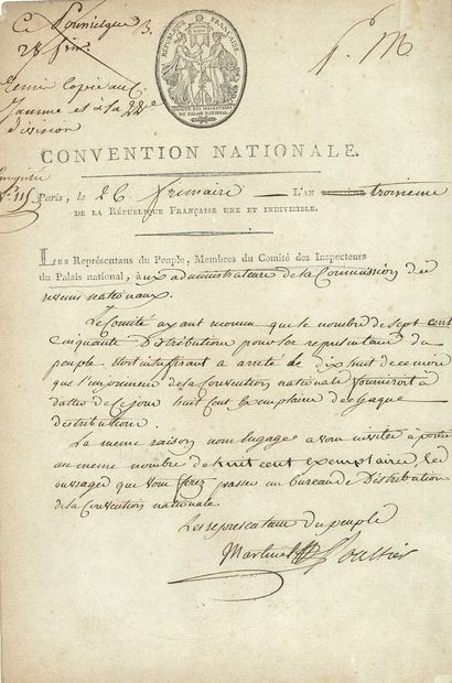null Joseph-Marie-Philippe MARTINEL (1762-1853) Conventional (Drôme). L.S. co-signed...