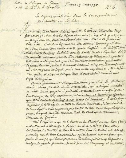 null [François de CHARETTE (1763-1796) général vendéen].Ensemble de 9 lettres et...