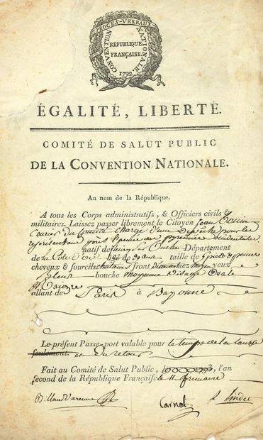 null COMITÉ DE SALUT PUBLIC. P.S. by J.N. Billaud-Varenne, Lazare Carnot and Robert...