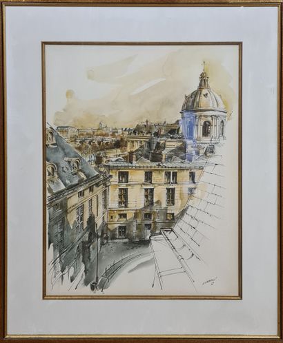 null MARKÖ Serge (1926-2014)
The roofs of Paris and the dome of the Institut de France
Watercolor...