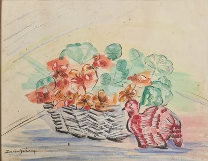 null DUCHAMP Suzanne (1889-1963)
Panier fleuri au dindon 
Aquarelle sur papier signé...