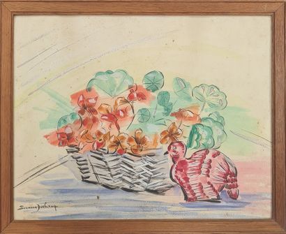 null DUCHAMP Suzanne (1889-1963)
Panier fleuri au dindon 
Aquarelle sur papier signé...