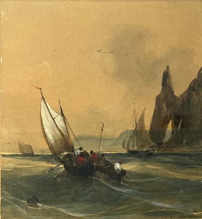 null MOZIN Charles Louis (1806-1862)
Voiliers près d'Etretat 
Aquarelle et rehauts...