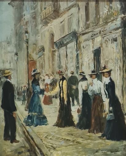 null TIMONIER R. (XX)
Elegant women in the streets of Paris 
Pair of oil on canvas...