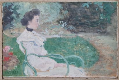null MODERN SCHOOL 
Woman in the garden 
Oil on panel unsigned 
trace of claw 
11.5...