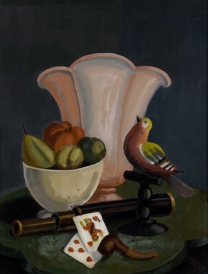 null BISCHOFF Henry, 1882-1951,
Nature morte à la longue vue et aux cartes à jouer,...