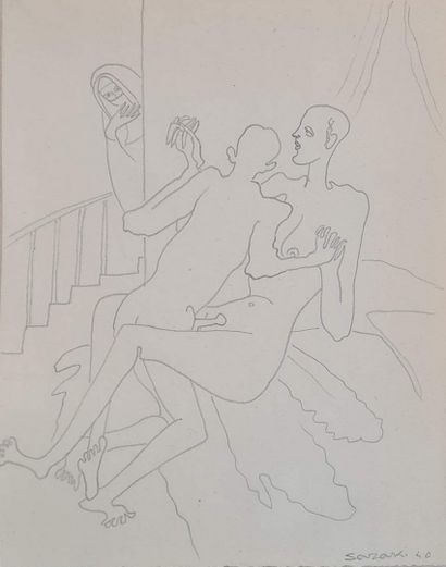 null SOUZOUKI Ruytchi (1902-1985)
Couple et voyeur, 40
Crayon sur papier, signé et...