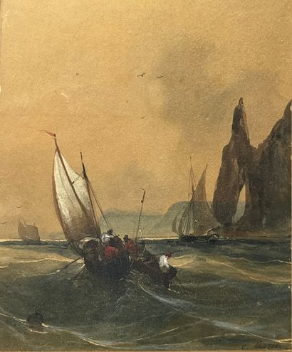 null MOZIN Charles Louis (1806-1862)
Sailing boats near Etretat 
Watercolor and gouache...