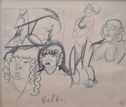 VIDAL, XXth century,
Nudes, faces and composition,
graphite...