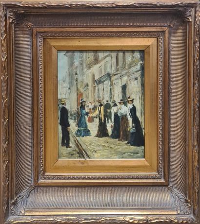 null TIMONIER R. (XX)
Elegant women in the streets of Paris 
Pair of oil on canvas...