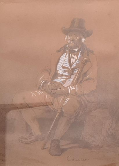 null CHARLET Nicolas Toussaint (1792-1845)
Homme assis au chapeau 
Crayon et rehauts...