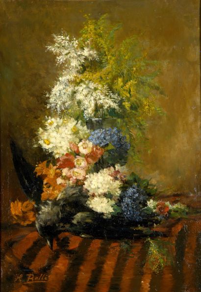 null ÉCOLE FIN XIXème siècle,
Bouquet champêtre au corbeau,
huile sur toile rentoilée...