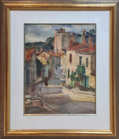 null LANGLADE Pierre (1907-1972)
Village with a fortified castle 
Watercolor on paper,...