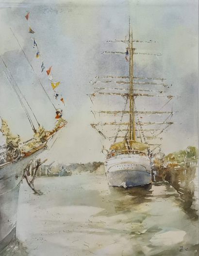 null BERNARD Michel (born in 1931) - Painter of the Navy
Sailing boat at anchor -...