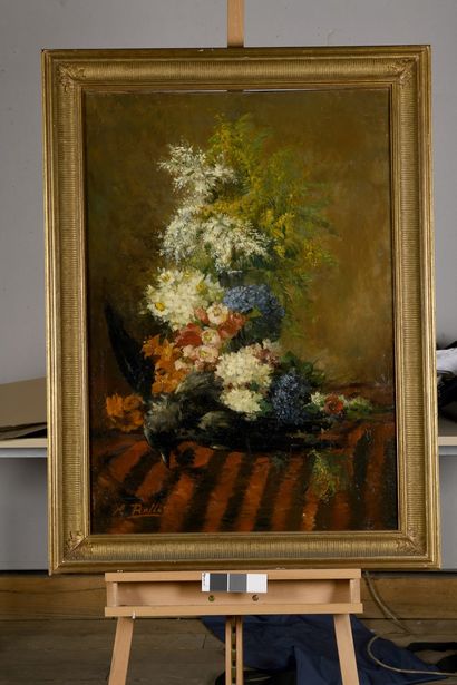 null ÉCOLE FIN XIXème siècle,
Bouquet champêtre au corbeau,
huile sur toile rentoilée...