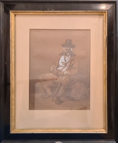 null CHARLET Nicolas Toussaint (1792-1845)
Seated man with a hat 
Pencil and gouache...