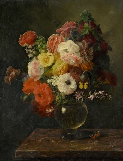 null ANONYME XIXème siècle,
Bouquet aux papillons,
huile sur toile rentoilée (restaurations...