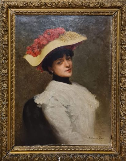 null ALAUX Guillaume (1856-1912)
Elégante au chapeau fleuri, Portrait de Mme B. 
huile...