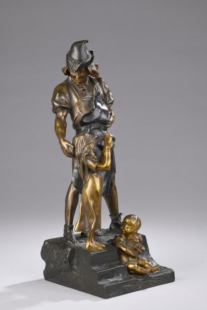 null DE WEVER Auguste, 1836-1910,
Heureux jour,
groupe en bronze à patines brune...