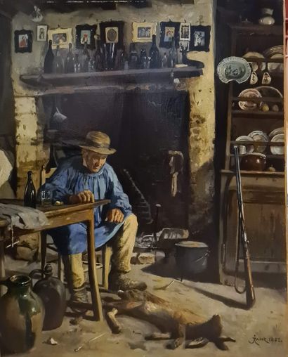 null RAME Jules Louis (1855-1927) 
Retour de chasse, 1882
huile sur papier marouflé...