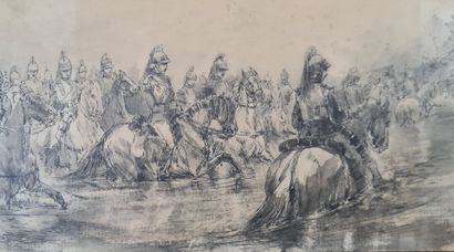 null ANONYMOUS 19th century 
Cuirassiers working the river
Ink and wash on paper,...