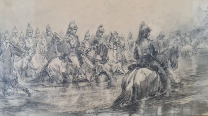 null ANONYME XIXeme siècle 
Cuirassiers travaersant la rivière
Encre et lavis sur...