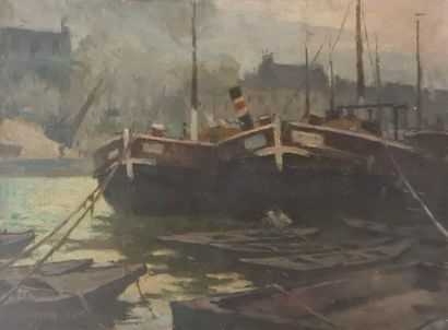 null CHARRIERE Edouard-Marcel (?-1920)
Péniches sur le fleuve, 1913
Huile sur toile,...