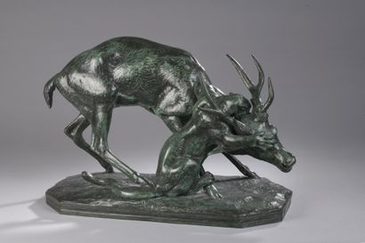 null BARYE Alfred, 1839-1882,
Stag attacked by a panther,
group in bronze with a...