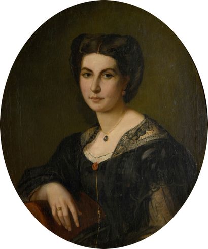 null ANONYME XIXeme siècle 
Femme à la robe noire
Huile sur toile de forme ovale,...