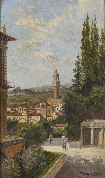 null BRANDESI, XIXeme siècle 
Le Palazzo Vecchio vu des jardins Boboli, Florence,
huile...