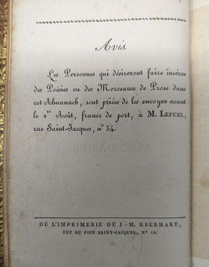 null ALMANACH DEDIE AUX DAMES pour l'An 1815, Paris, le Fuel, In-18
Red morocco,...