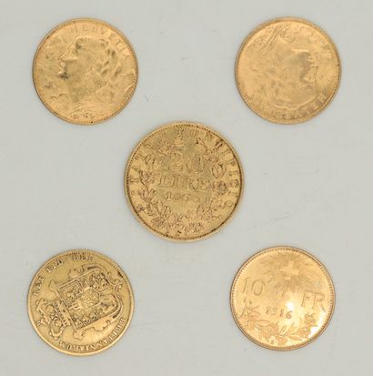 Lot de cinq monnaies d'or :
Grande Bretagne...
