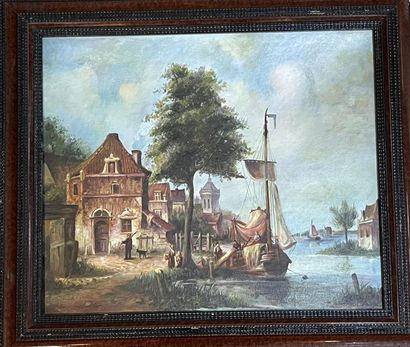 null ECOLE MODERNE
bateau à quai sur un canal hollandais,
huile sur toile, signée...