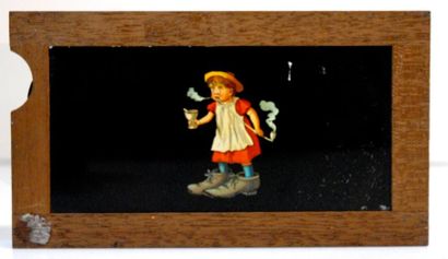 null PLAQUE à Tirette en verre - cadre bois - enfant à la pipe. Circa 1890/1900.
