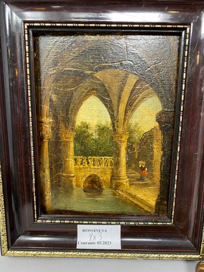 null Lot of framed piece including:
- Reproduction on panel representing a washerwoman...