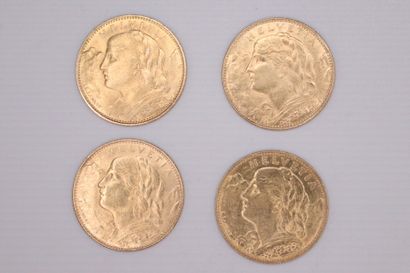 null SUISSE
Lot de 4 pièces de 10 Francs de Vreneli 1912, 1913, 1915, 1922
FR : 504
TTB...