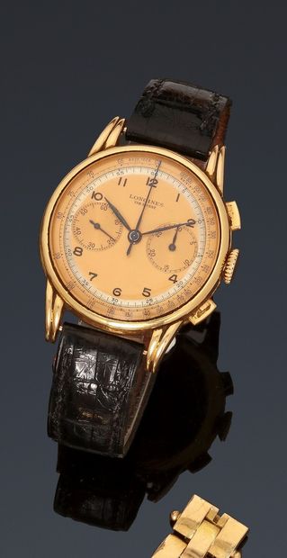 null LONGINES 
Circa 1950
Men's 18k (750) yellow gold chronograph wristwatch, pink...