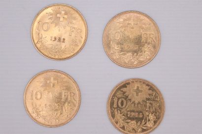 null SUISSE
Lot de 4 pièces de 10 Francs de Vreneli 1912, 1913, 1915, 1922
FR : 504
TTB...