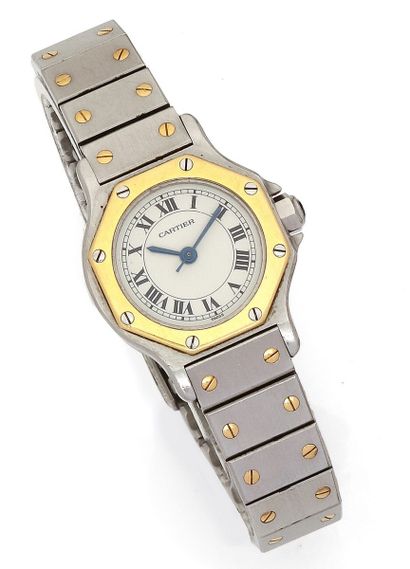 null CARTIER SANTOS 
Around 1980
N° 09023921
Ladies' gold and steel wristwatch, white...