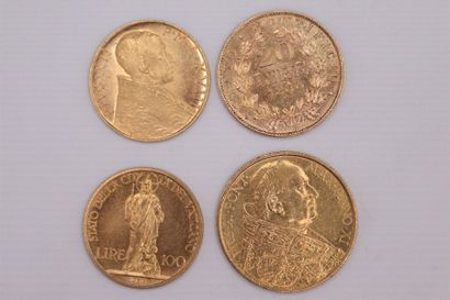 null VATICAN
Lot de 4 monnaies d'or
Pie IX 20 Lires 1866/XXI
Pie XI 100 Lires 1932...