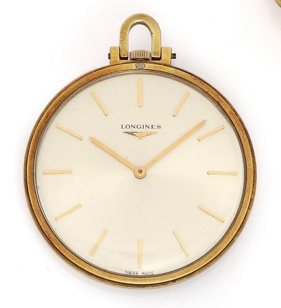 null LONGINES 
About 1960
N° 7714
Gold-plated pocket watch, white dial, applied baton...