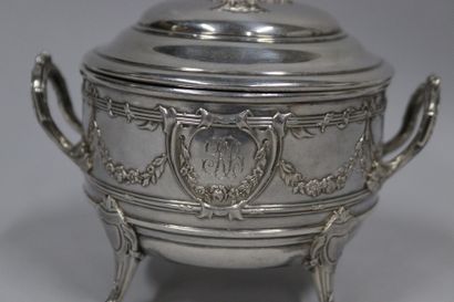 null Round covered sugar bowl in silver (950) decorated with garlands and cartouches,...