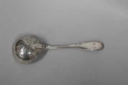 null Silver sprinkling spoon, piriform model with nets; engraved later with initials...