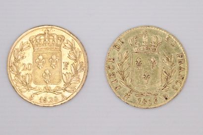 null RESTAURATION
Lot de 2 pièces de 20 francs en or : 
Louis XVIII 1815 Londres
Charles...