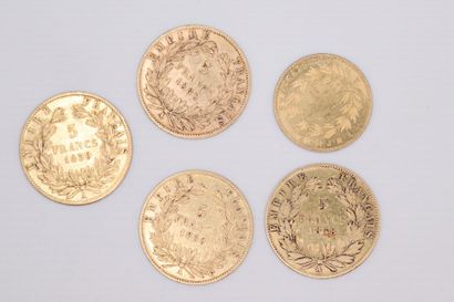 null NAPOLEON III
Lot de 5 monnaies de 5 francs en or tête nue
1854 A petit module,...