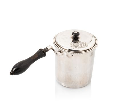 null Silver milk jug, twisted rim, swivel handle and blackened wood cover; later...